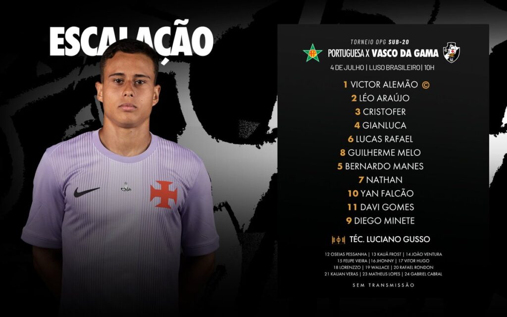 Vasco define escalação para confronto contra a Portuguesa no torneio OPG Sub-20