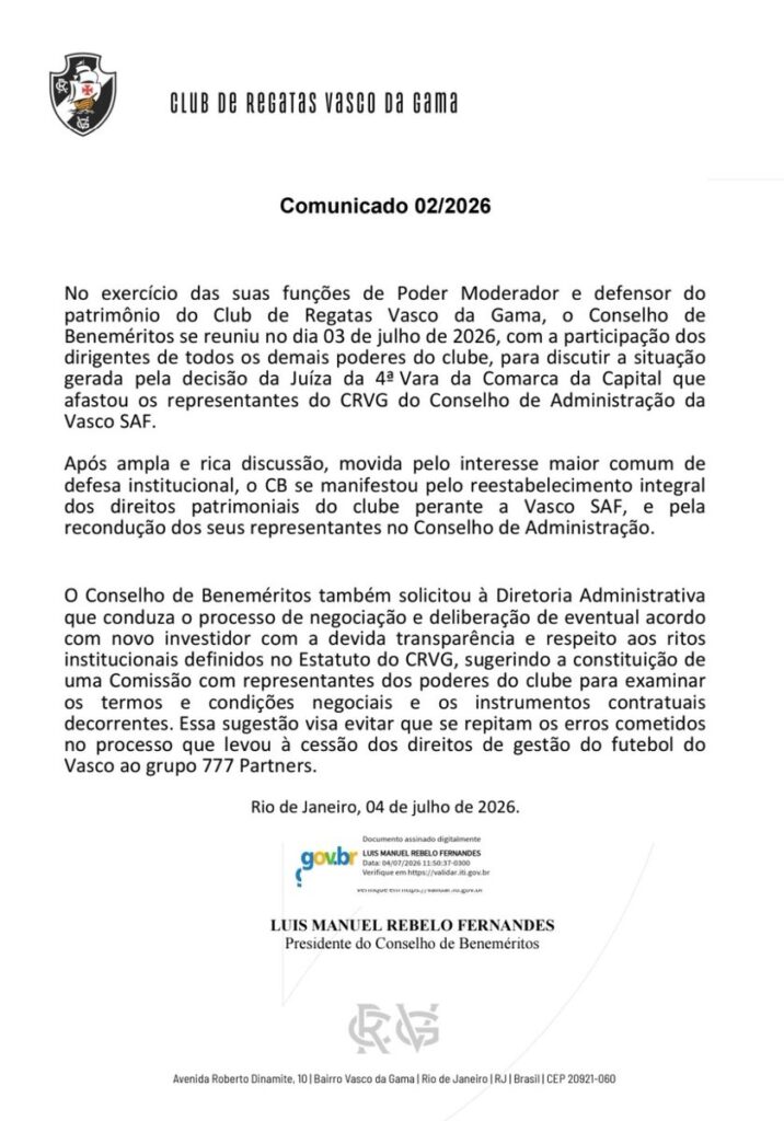 Conselho de Beneméritos do Vasco exige transparência e retorno à gestão da SAF