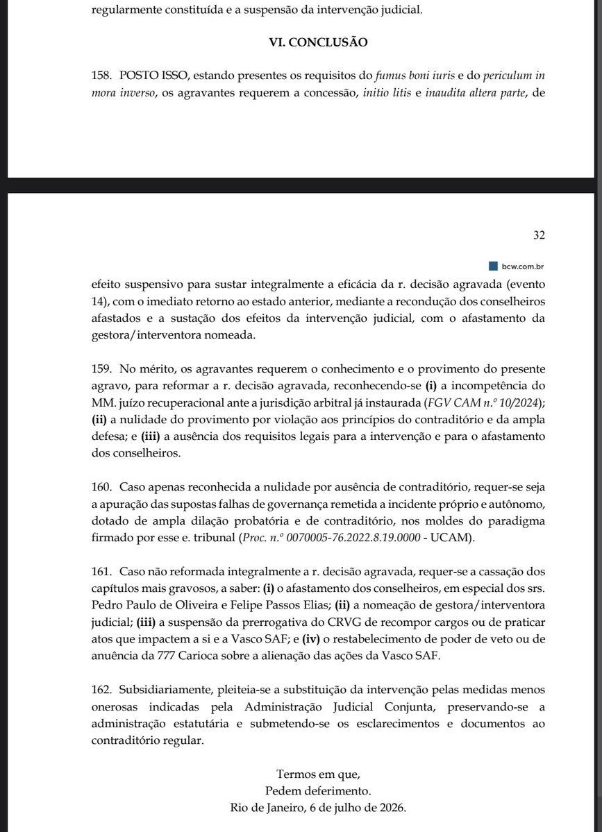 Agravo jurídico contesta intervenção na administração da Vasco SAF