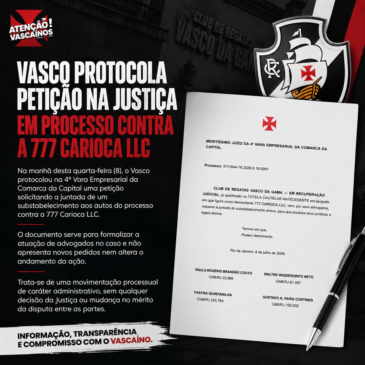Vasco formaliza nova movimentação jurídica em processo contra a 777 Carioca LLC