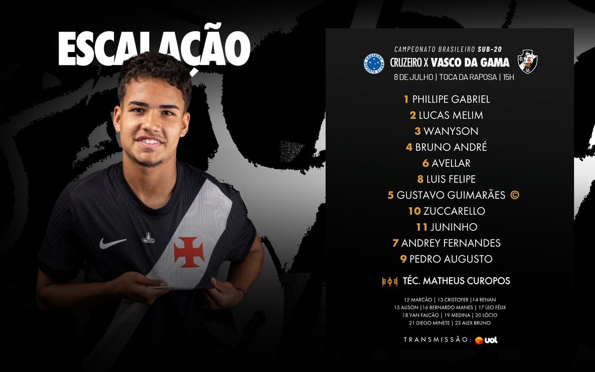 Vasco define escalação para o confronto contra o Cruzeiro pelo Brasileiro sub-20