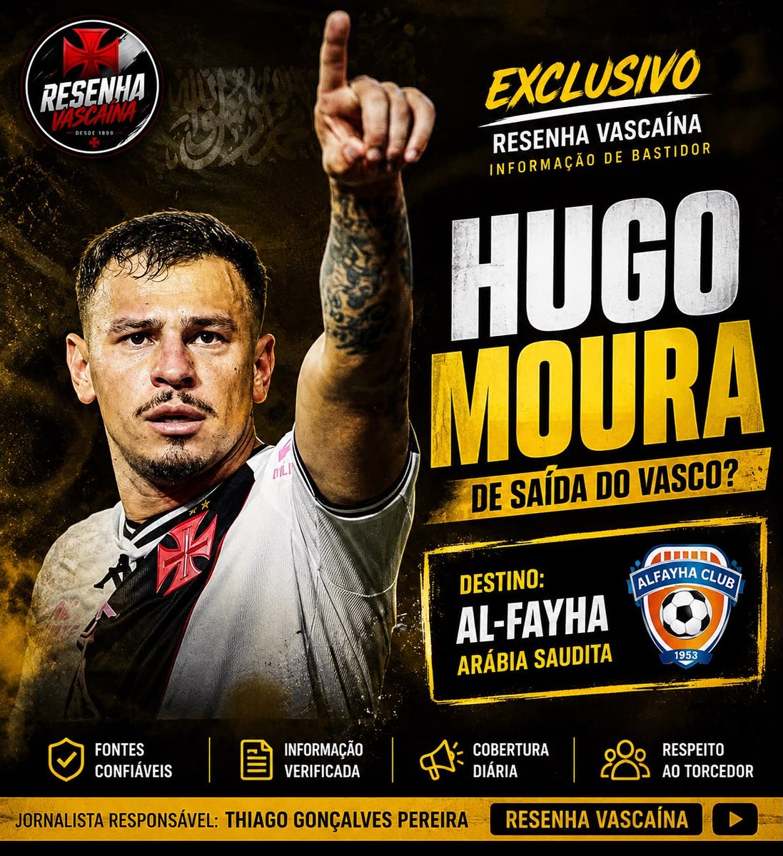 Hugo Moura pode deixar o Vasco rumo ao futebol da Arábia Saudita