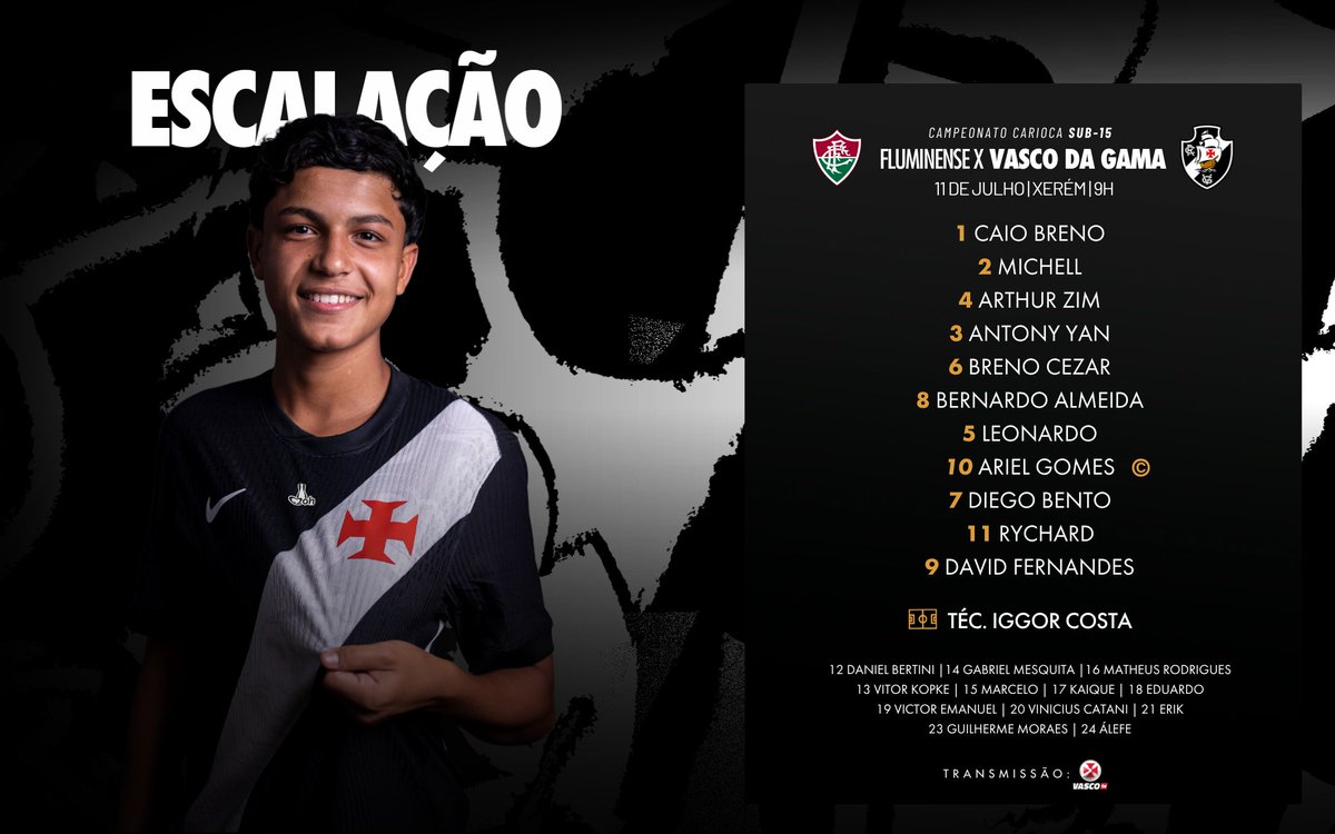 Vasco da Gama anuncia escalação oficial para a final do Carioca Sub-15 contra o Fluminense