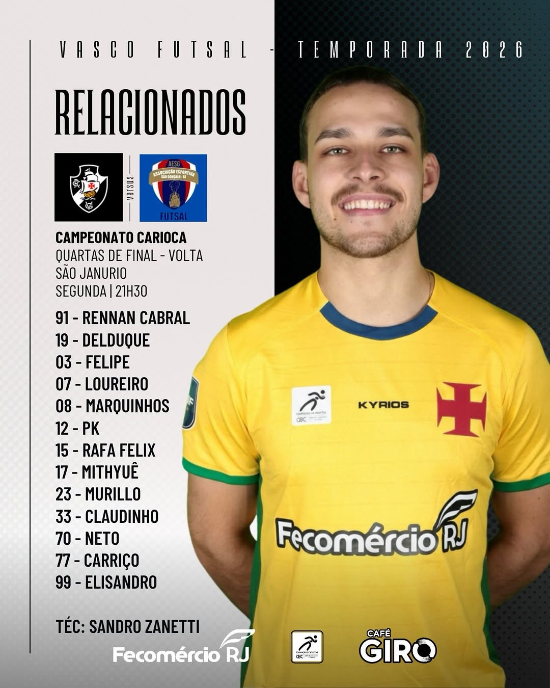 Vasco define relacionados para decisão contra São Gonçalo no Campeonato Carioca de futsal