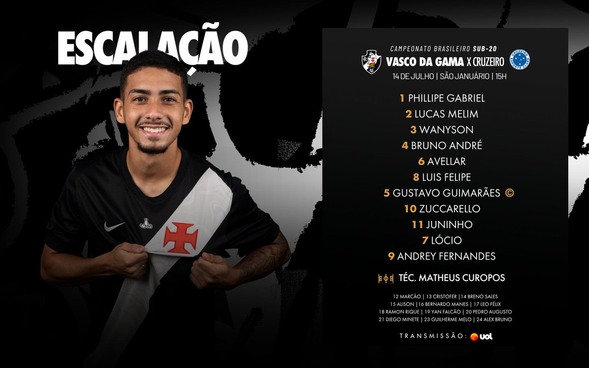 Vasco Sub-20 divulga escalação para confronto decisivo contra o Cruzeiro no Campeonato Brasileiro