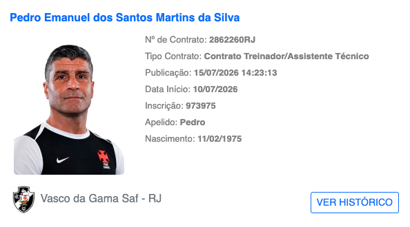 Pedro Emanuel é registrado no BID e assume comando técnico do Vasco