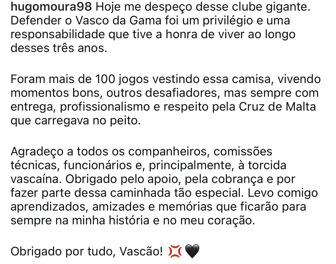 Hugo Moura encerra trajetória de três anos no Vasco da Gama