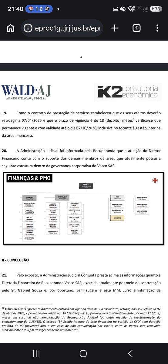 Administração judicial destaca requisito de dedicação exclusiva para diretor financeiro do Vasco SAF