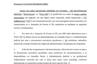 Vasco SAF entrega documentação exigida em processo de recuperação judicial
