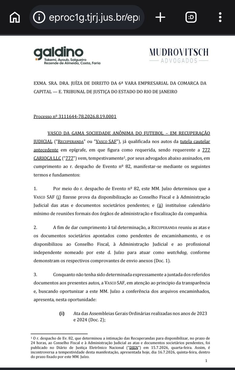 Vasco SAF entrega documentação exigida em processo de recuperação judicial