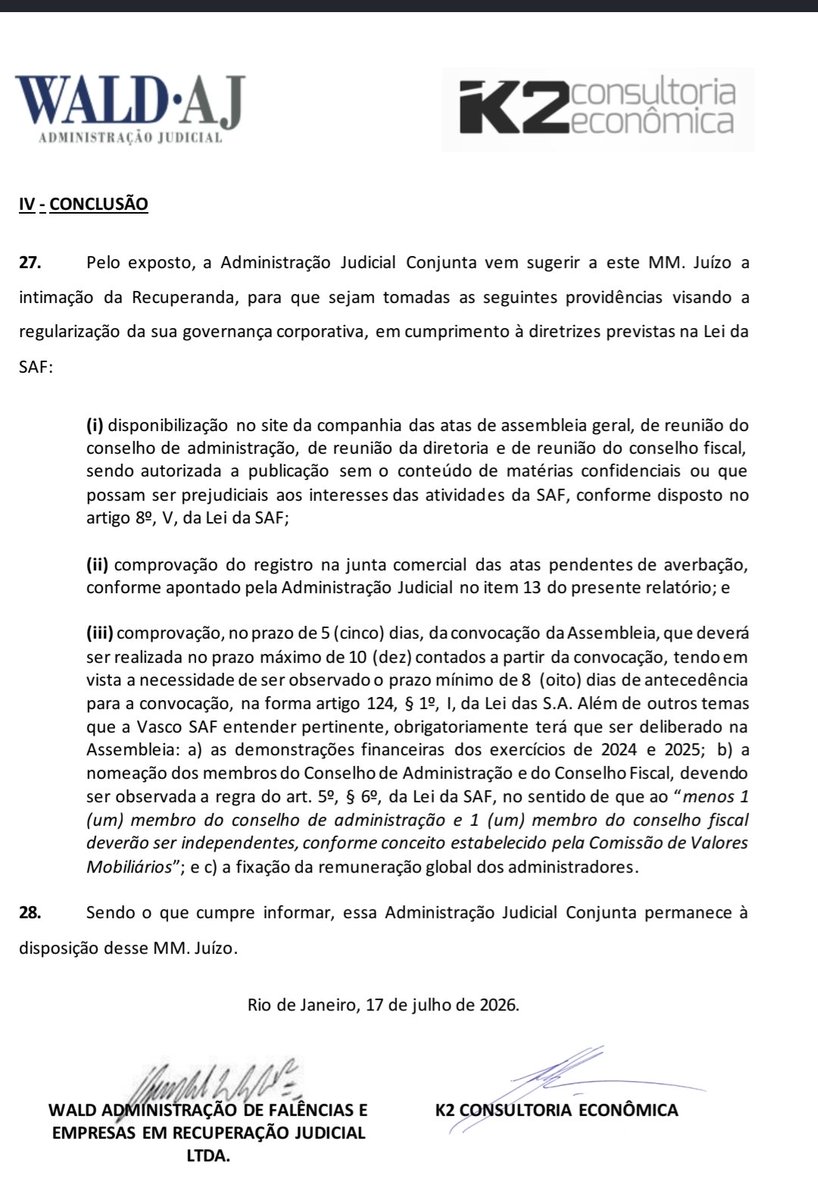 Administração judicial intensifica cobranças por governança na Vasco SAF e estabelece prazos
