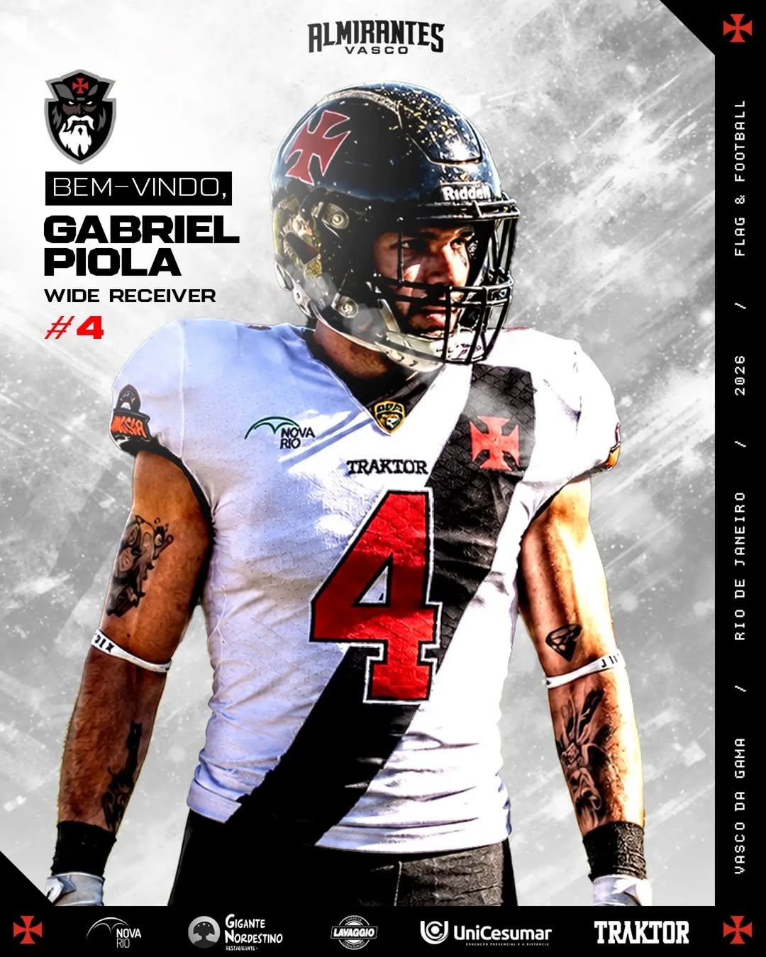 Vasco Almirantes oficializa a contratação do wide receiver Gabriel Piola