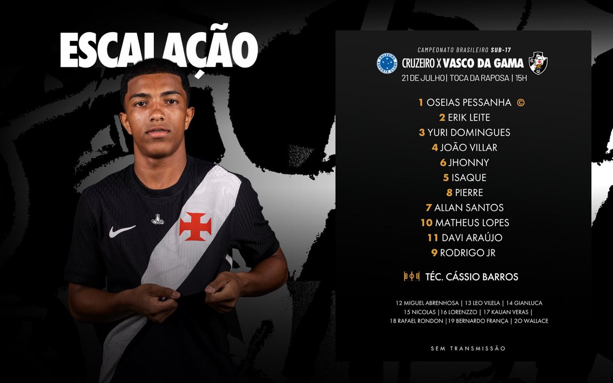 Vasco define escalação para confronto contra o Cruzeiro no Brasileiro Sub-17