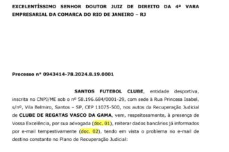 Santos formaliza dados bancários em processo de recuperação judicial do Vasco