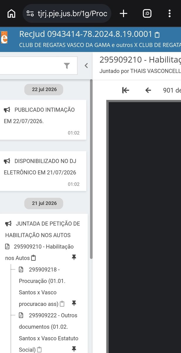 Vasco da Gama tem intimação sobre financiamento DIP publicada no sistema do TJRJ