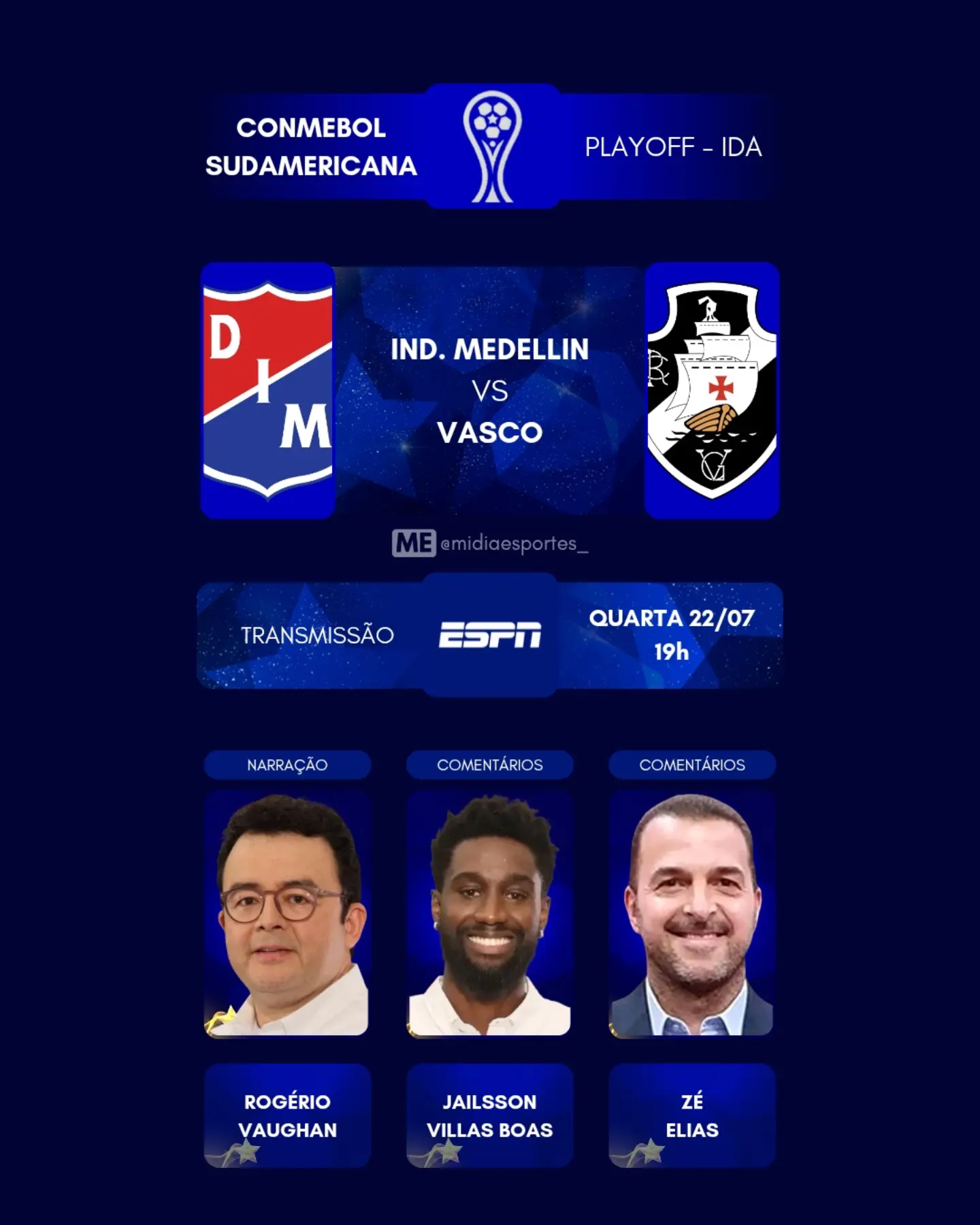 Vasco enfrenta o Independiente Medellín pela Copa Sul-americana com transmissão da ESPN