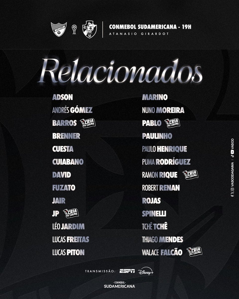 Vasco define relacionados para duelo decisivo contra o Independiente Medellín