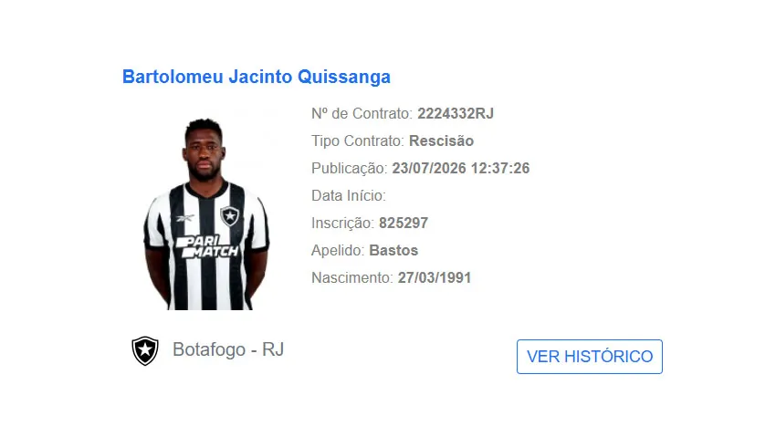 Bastos tem rescisão contratual oficializada pelo Botafogo após ausência