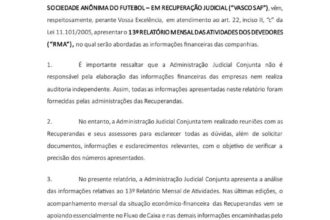 Administração judicial detalha situação financeira do Vasco em novo relatório