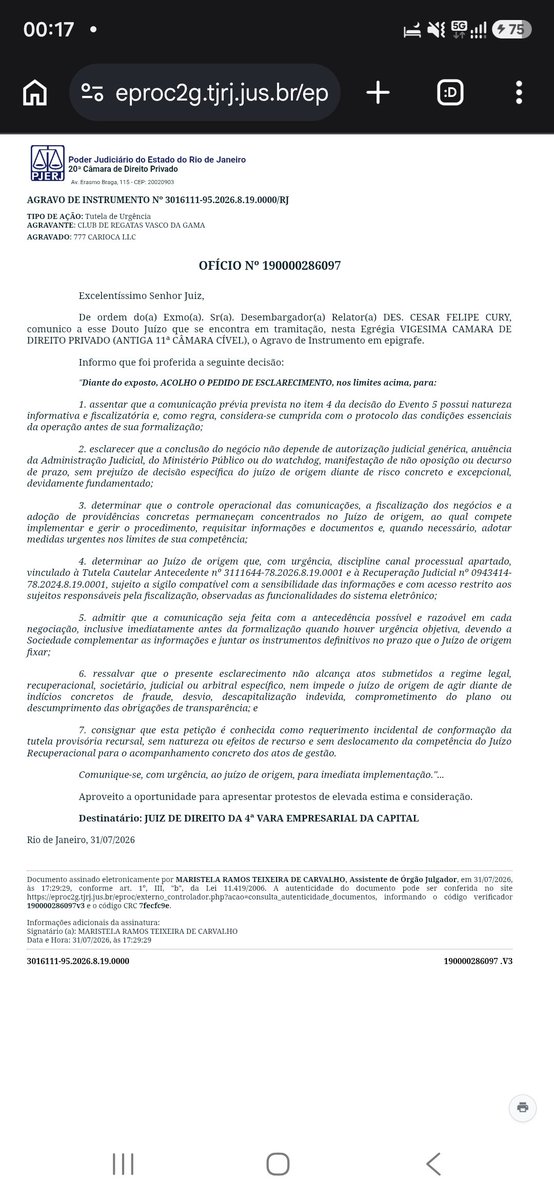 Contratações do Vasco SAF: TJRJ esclarece autonomia judicial