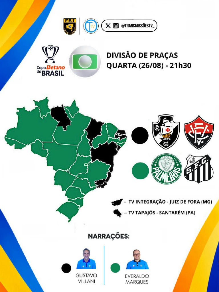 Copa do Brasil: Globo detalha transmissões de Vasco x Vitória e Palmeiras x Santos na quarta