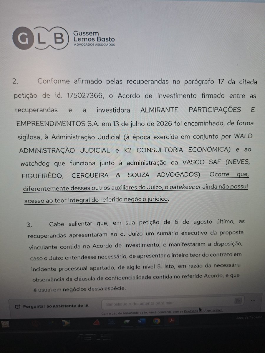 Gatekeeper solicita acesso integral ao acordo de investimento da Vasco SAF