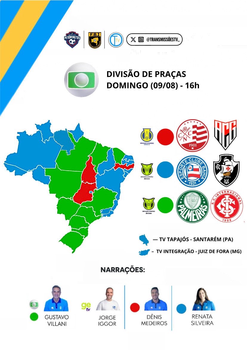 Globo define escala de narradores e divisão de praças para jogos do fim de semana