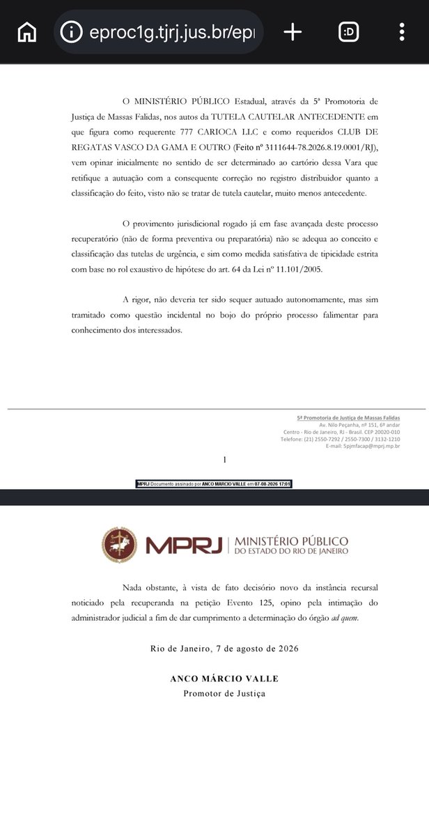 Ministério Público aponta irregularidade processual em ação da 777 contra o Vasco