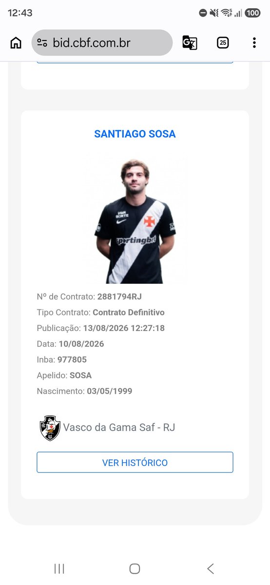 Santiago Sosa é registrado no BID e reforça o Vasco para o confronto diante do Santos
