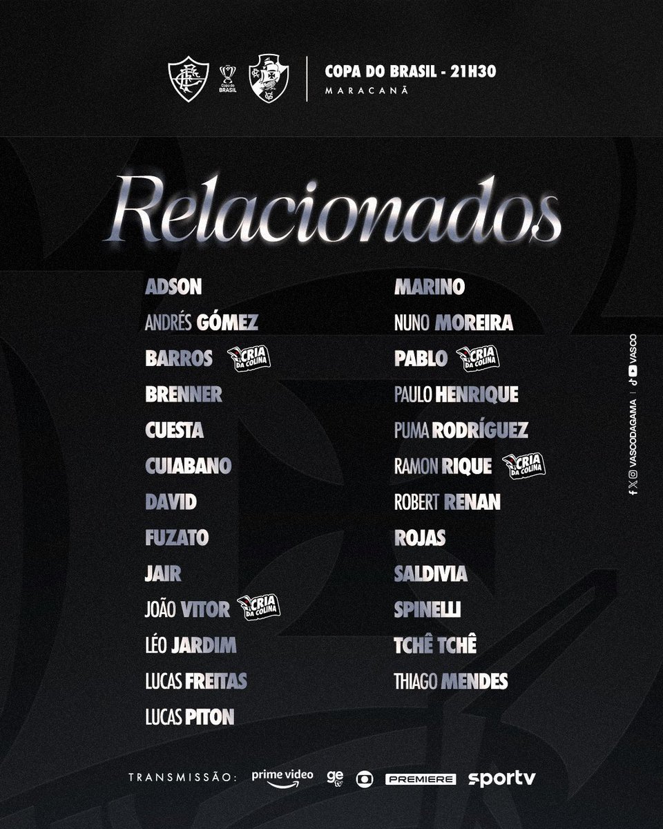 Vasco da Gama divulga lista de relacionados para o clássico decisivo na Copa do Brasil