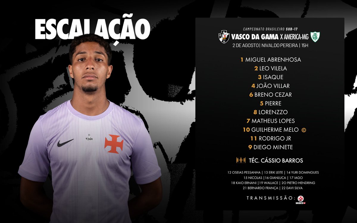 Vasco define escalação para confronto decisivo contra o América-mg pelo Brasileiro Sub-17