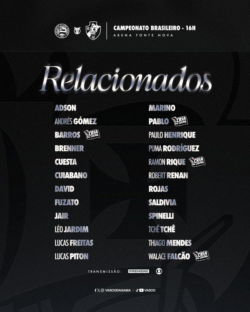 Vasco define lista de relacionados para confronto decisivo contra o Bahia