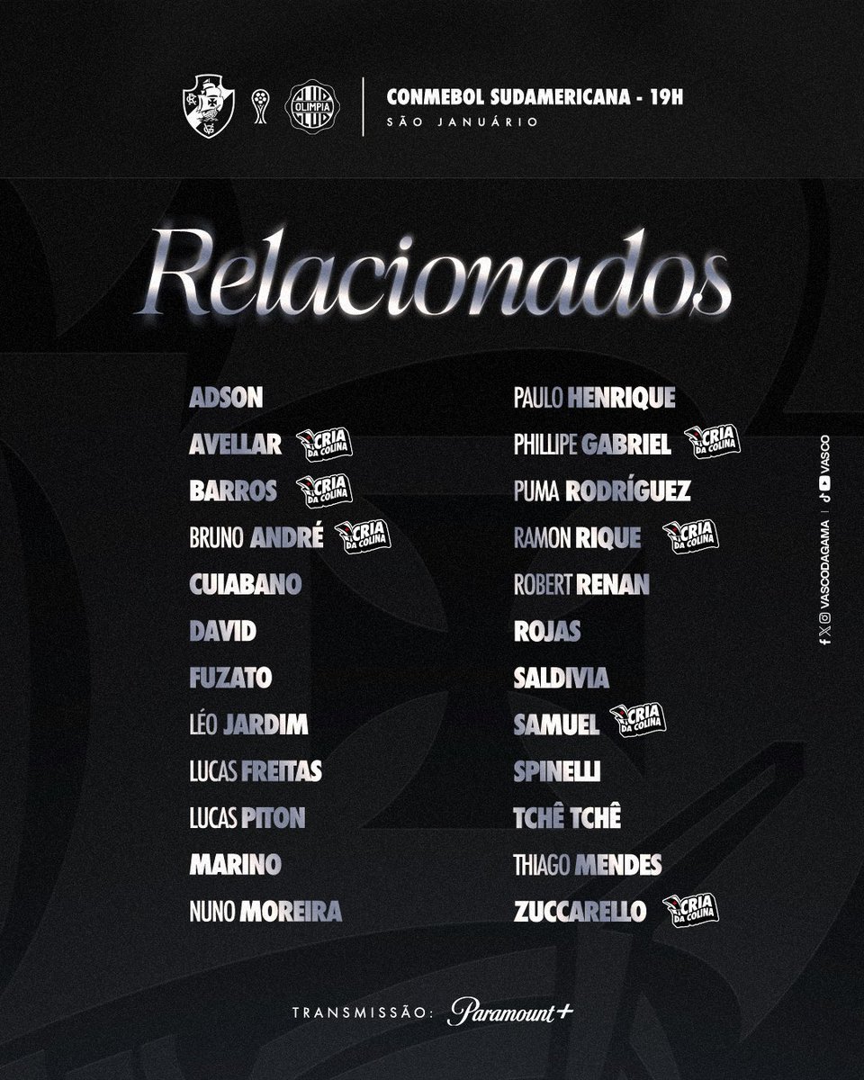 Vasco define lista de relacionados para confronto decisivo contra o Olimpia