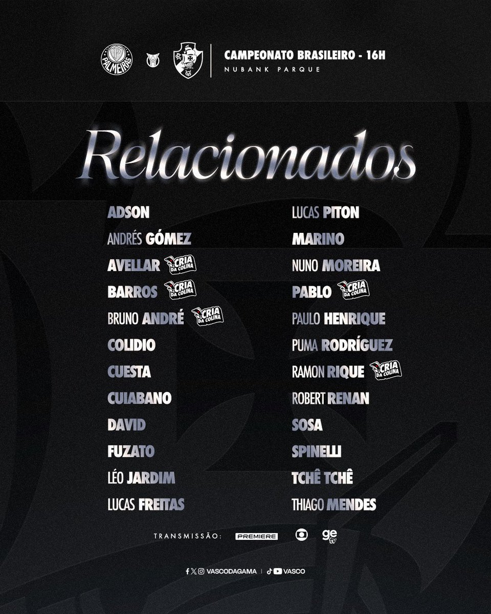 Vasco define lista de relacionados para duelo decisivo contra o Palmeiras