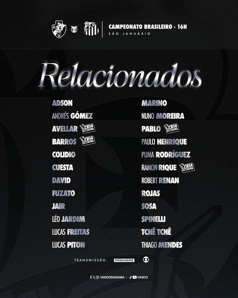 Vasco define relacionados para confronto contra o Santos com novidades no elenco