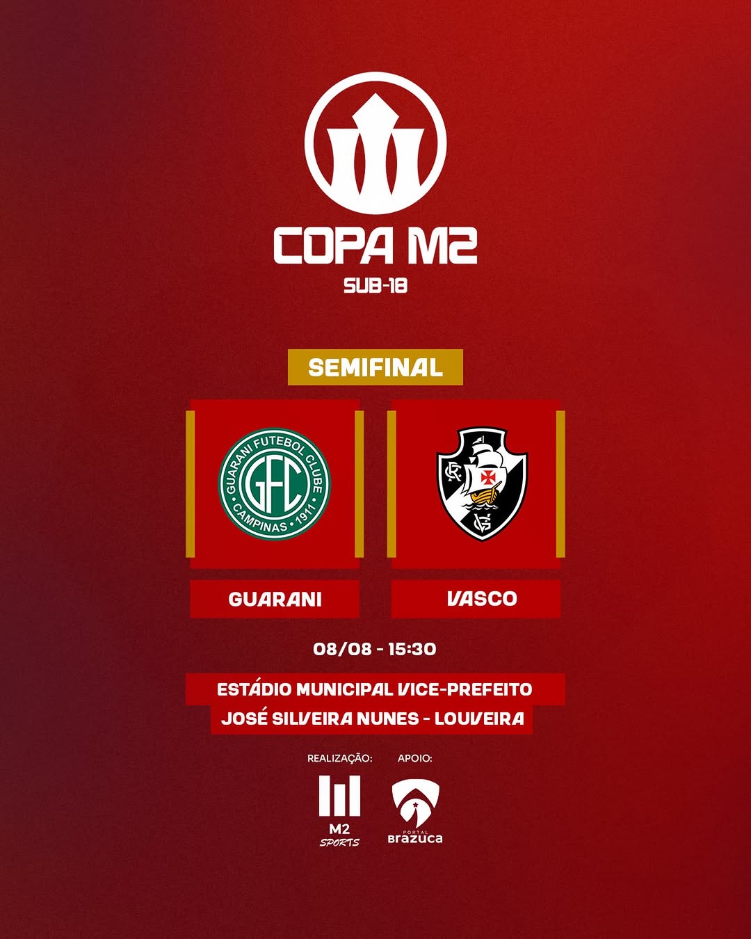 Vasco e Guarani disputam vaga na final da Copa M2 sub-18 em Louveira
