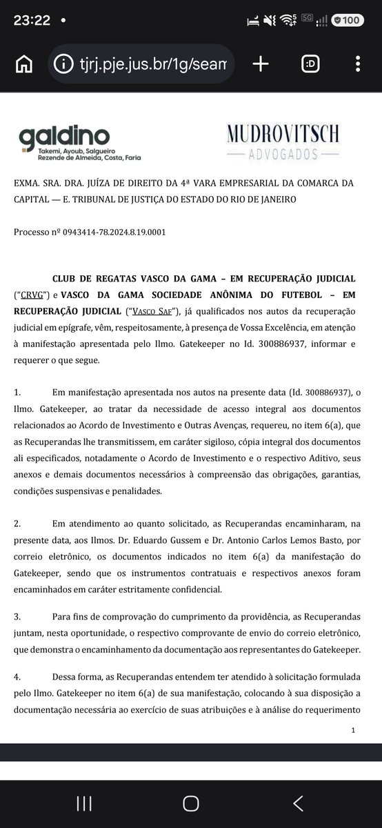 Vasco entrega documentos do acordo de investimento ao gatekeeper no processo de recuperação judicial