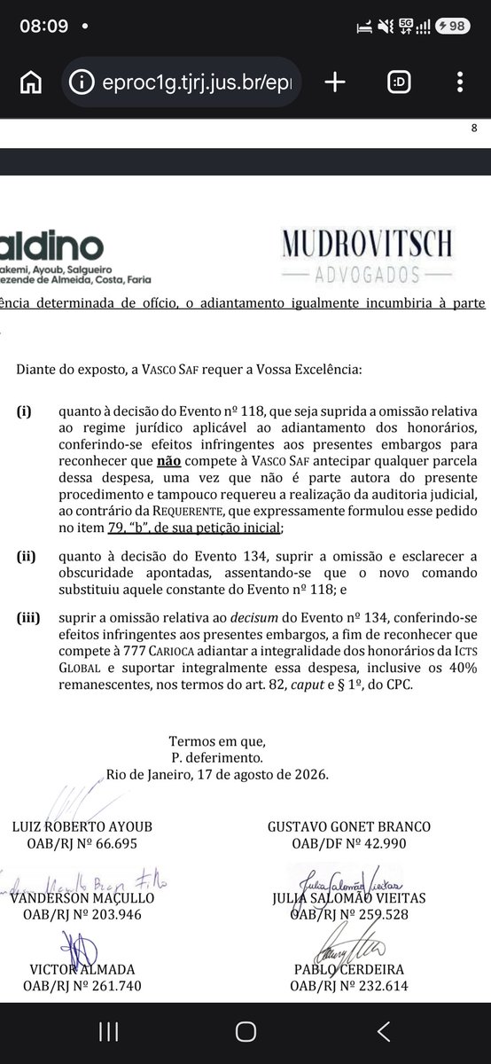 Vasco SAF contesta pagamento de honorários em ação judicial contra a 777
