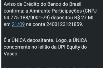 Almirante Participações deposita R$ 27 milhões e assume protagonismo no leilão da SAF do Vasco
