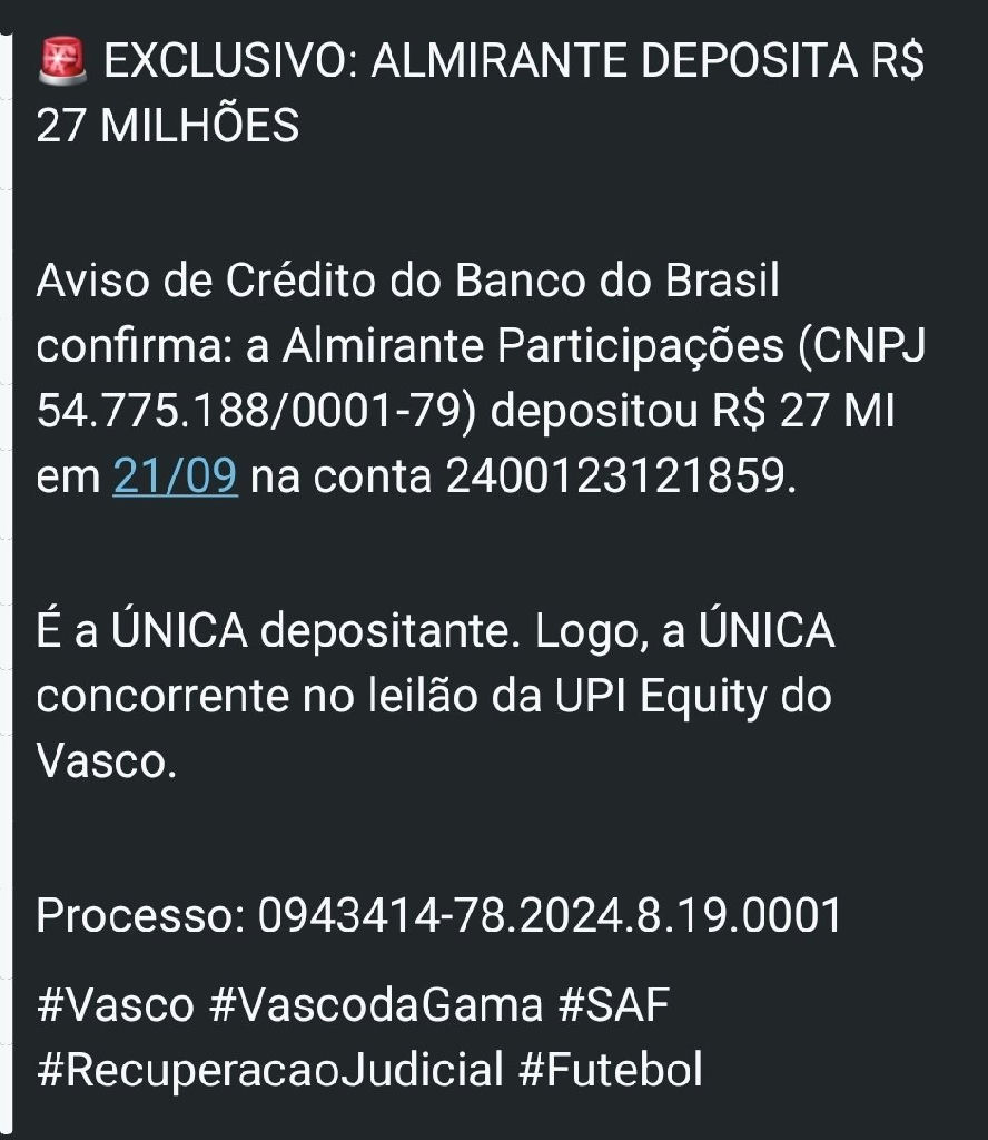 Almirante Participações deposita R$ 27 milhões e assume protagonismo no leilão da SAF do Vasco