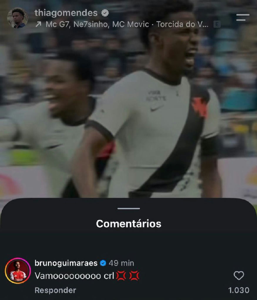 Bruno Guimarães celebra vitória do Vasco nas redes sociais