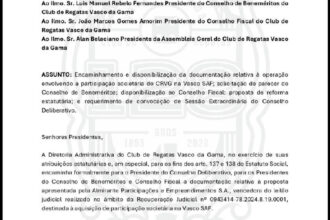 Diretoria do Vasco formaliza trâmites para venda de 90% da SAF