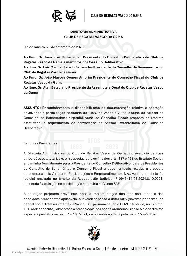 Diretoria do Vasco formaliza trâmites para venda de 90% da SAF