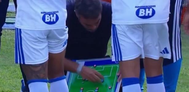 Estratégia em campo: Artur Jorge, do Cruzeiro, usa lousa tática em pausa de hidratação