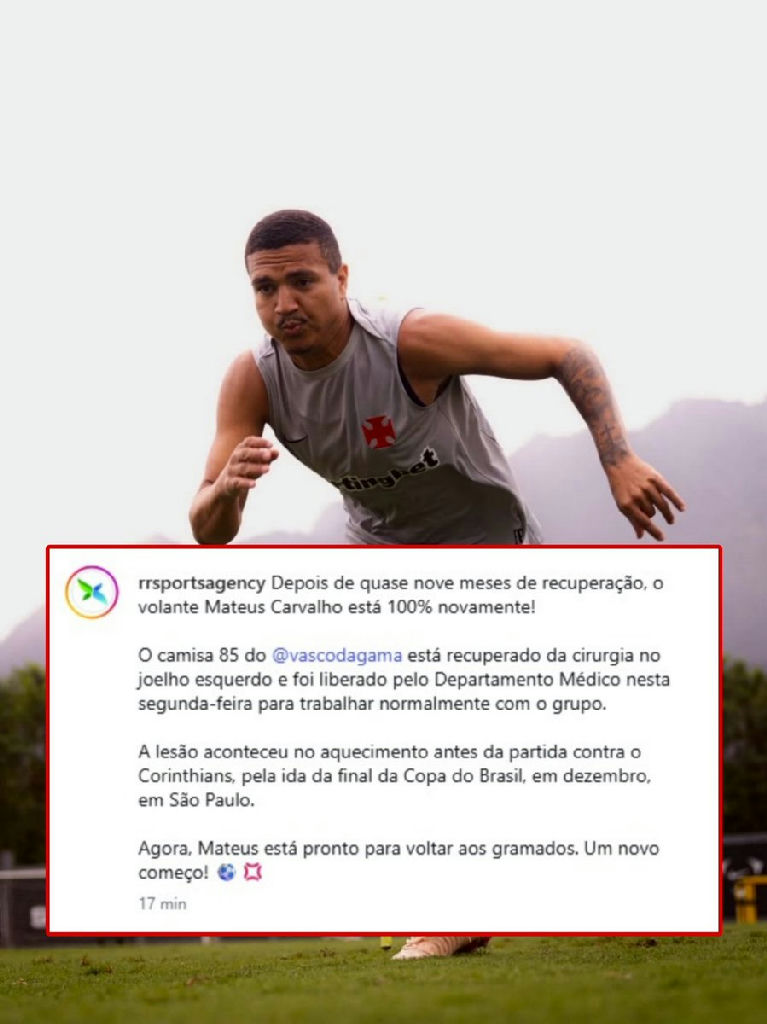 Mateus Carvalho recebe alta médica e retorna aos treinos no Vasco após nove meses