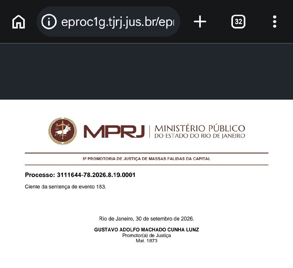 Ministério Público do Rio de Janeiro formaliza ciência sobre extinção de processo da 777