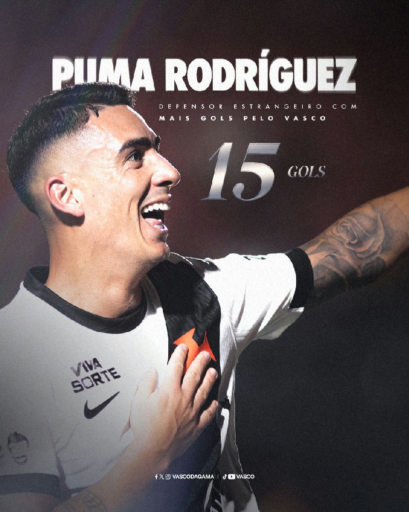 Puma Rodríguez alcança marca histórica de gols como defensor estrangeiro no Vasco