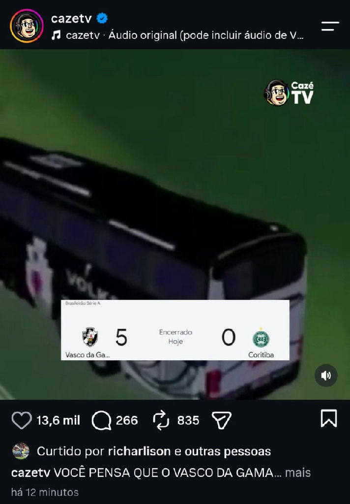 Richarlison reage a goleada do Vasco sobre o Coritiba no Campeonato Brasileiro