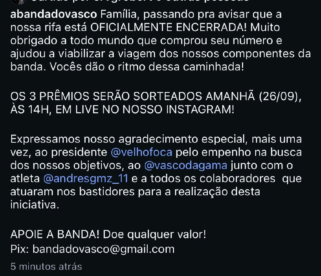 Rifa da banda do Vasco arrecada fundos para viagem internacional