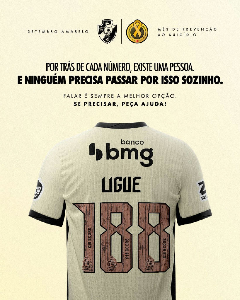 Vasco adota número 188 em campanha de prevenção ao suicídio